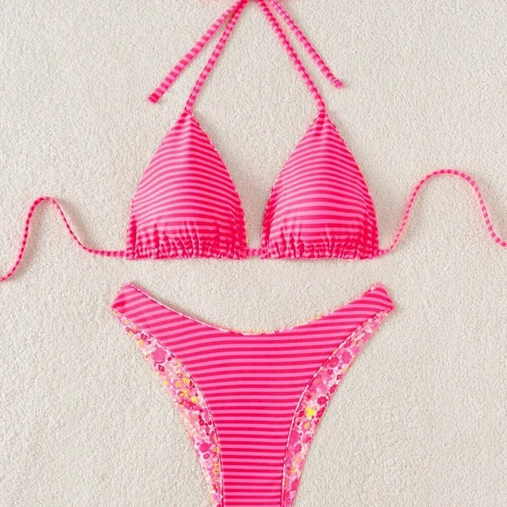 Pink Sexy Women's Reversible Print Bikini Set